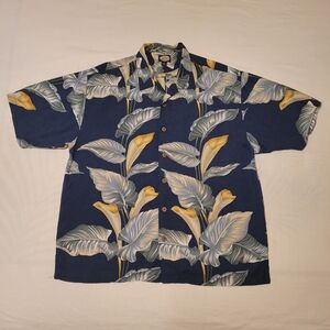 Tommy Bahama Navy and Mustard Leaf Print Shirt